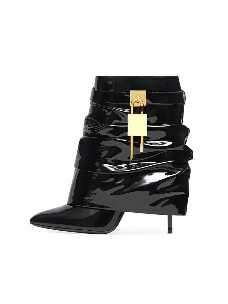 New Women's Leather Ankle Boots with Metal Buckle, Pointed Toe & Slender High Heel - Wide Shaft Short Bare Boots