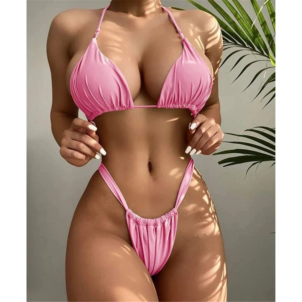 Women’s Halter High‑Leg Bikini Set – Sexy Two‑Piece Swimsuit in 14 Colors, V4010 Summer Beachwear