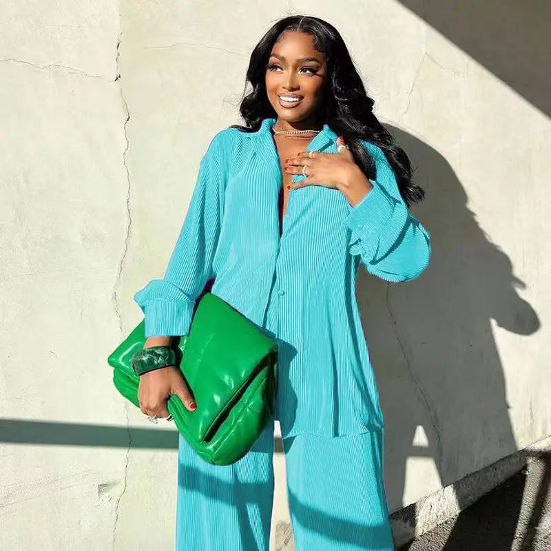 CM.YAYA Street Women's Set Long Sleeve Shirt Tops and Wide Leg Pants Elegant Tracksuit Two Piece Set Sweatsuit Fitness Outfits