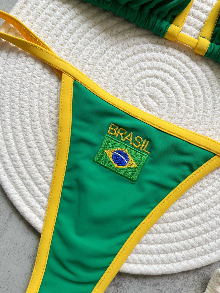 2026 Sexy Embroidery Brasil Flag Contrast Split Bikini Set Women Swimwear Patchwork Swimsuit Hottie Outfit SummerBeachwear
