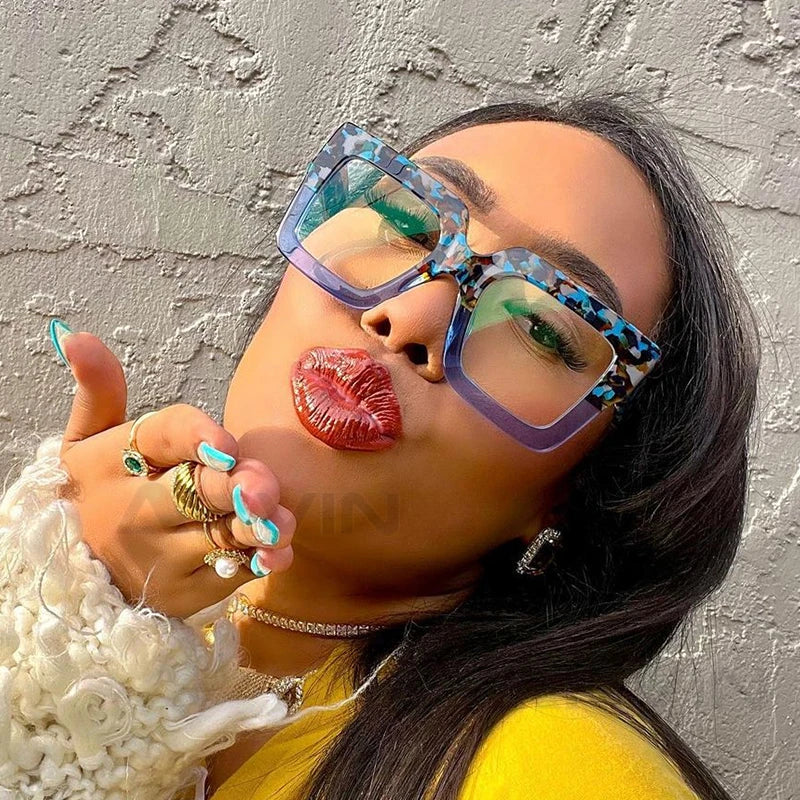 Unique Purple Green Glasses Frame Women New Fashion Oversized Square Computer Eyeglasses Shades Retro Female Clear Lens Eyewear