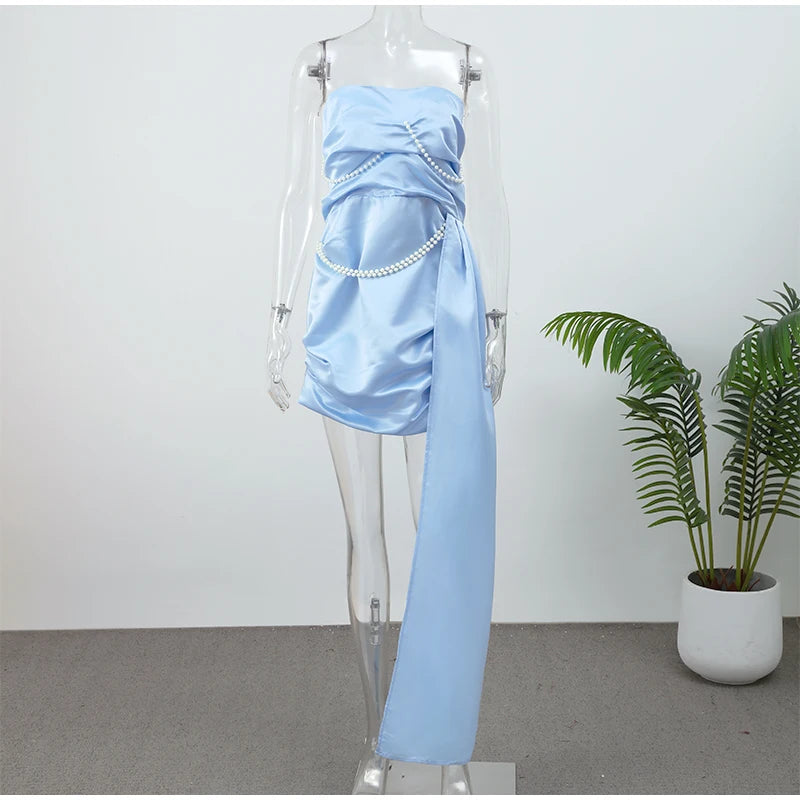 Irregular Shawl Blue Maxi Dress – Women’s 2025 Slim‑Fit Turtleneck Pleated Evening Party Dress