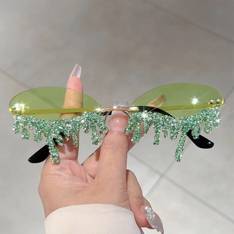 KAMMPT Rimless Tear Shaped Sunglasses with Rhinestones Women Fashion Decorative Shades Trendy Stylish Design Rave Sun Glasses
