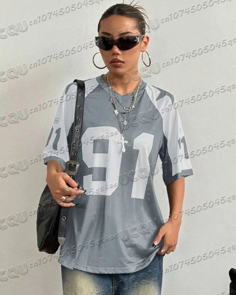 Oversized T-shirt For Women V-Neck Short Sleeve Summer Patchwork Speed 91 Printed Streetwear Tops Casual Football Jersey Y2k Tee