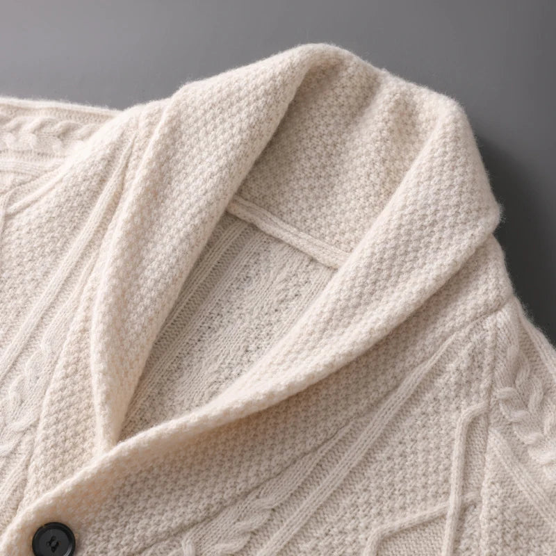 Autumn Winter Men 100% Merino Wool knitted Cashmere Sweater Thick Jacquard Coat Turn-Down Collar Cardigan Smart Casual Chic Tops