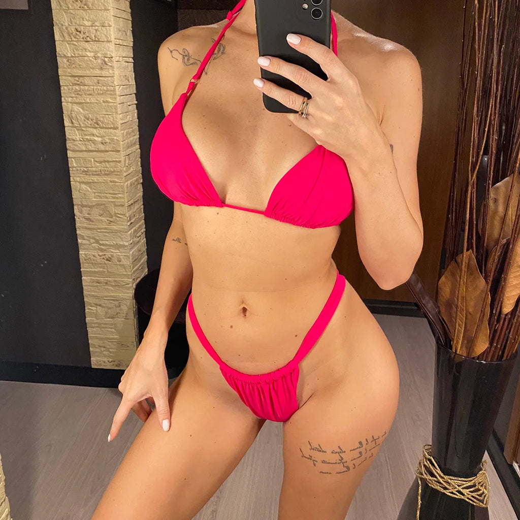 Women’s Halter High‑Leg Bikini Set – Sexy Two‑Piece Swimsuit in 14 Colors, V4010 Summer Beachwear