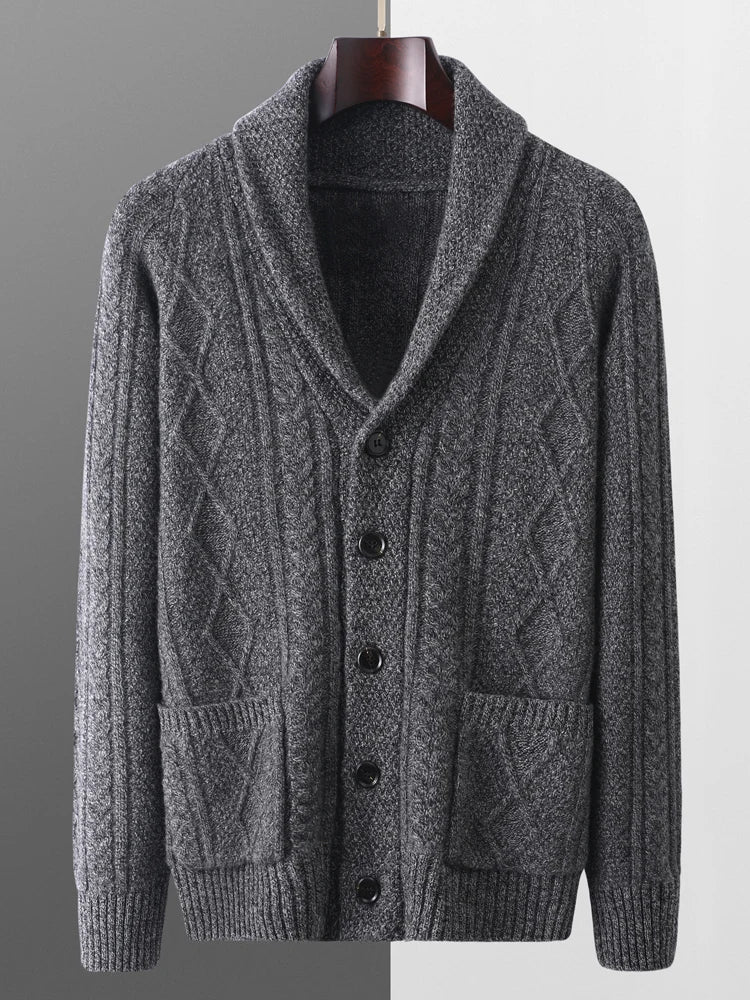 Autumn Winter Men 100% Merino Wool knitted Cashmere Sweater Thick Jacquard Coat Turn-Down Collar Cardigan Smart Casual Chic Tops