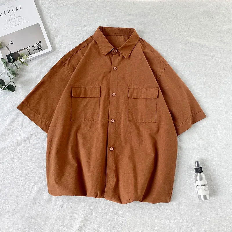 Summer Solid Color Short Sleeve Men's Shirt Loose Fit Japanese Workwear Half Sleeve Top Hong Kong Style White Trendy Casual Shir