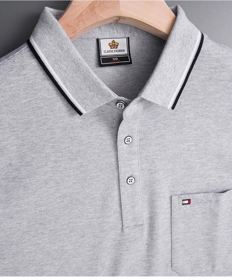 Top Grade Summer Short Sleeve Korean New Fashion Cotton Soft Pure Color Lapel Slim Fit Casual Tops Men's pocket Polo Shirts