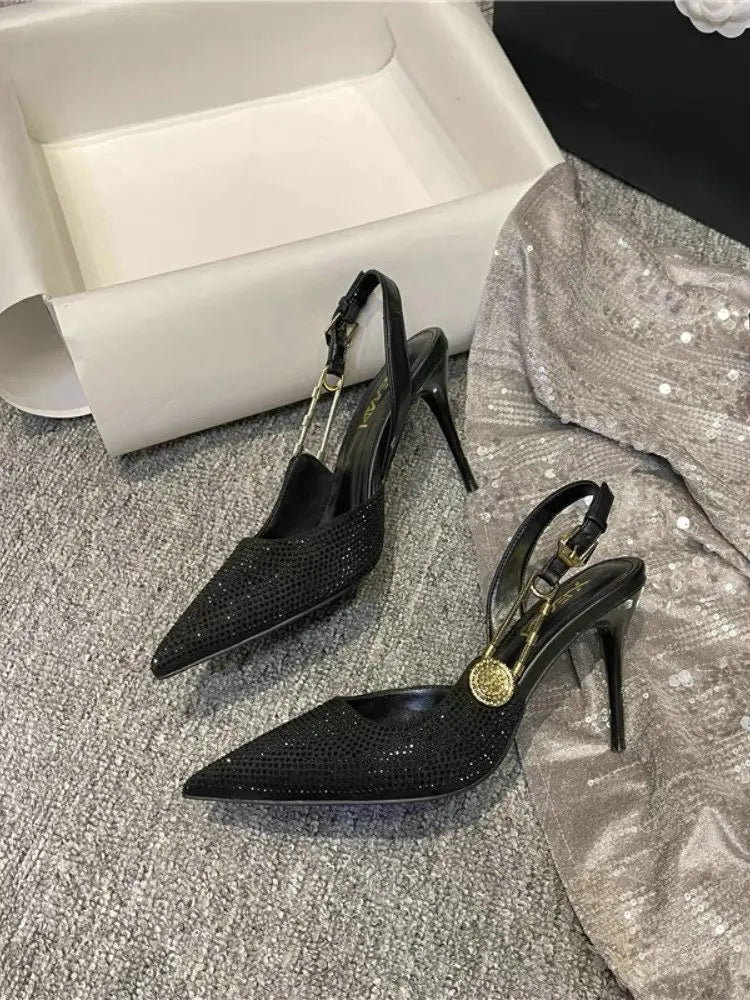 Bling Diamond High Heels Women 2025 Spring Pumps New Pointy Head After Empty Sexy Metal Girl Temperament Baotou French Sandals