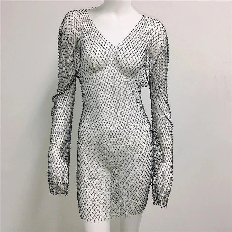 Vintage Diamond Rhinestone Summer Women Sexy Bikini Cover Up Mesh Fishnet Swimsuit Swimwear Dress Bathing Beachwear Dropshipping