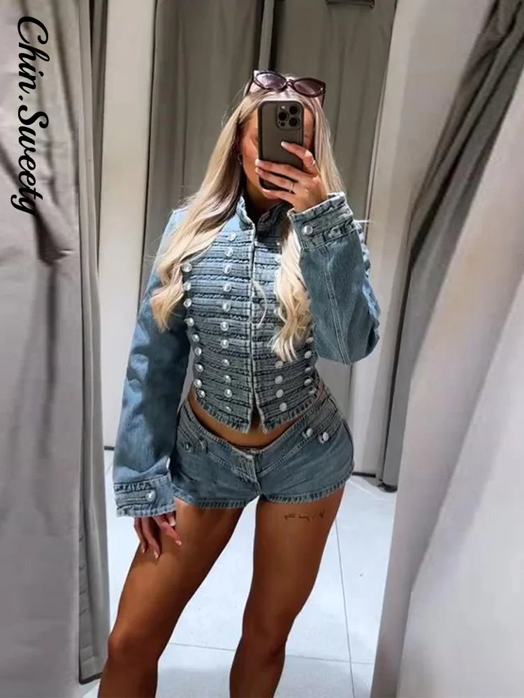 Chic Stand‑Collar Denim Coat & Shorts Suit