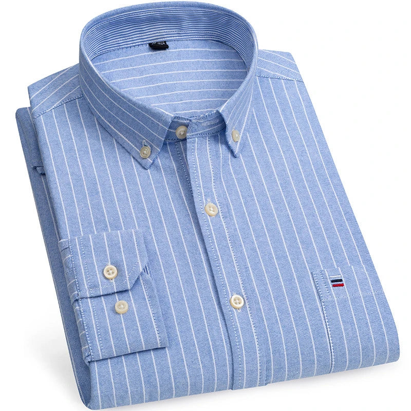 2024 New Quality Men's Social Shirt Long Sleeve 100% Pure Cotton Oxford Soft Plaid Formal Male Clothes Oversized Shirt S-7XL