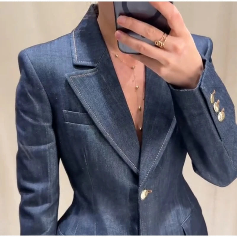 Elegant Denim Blazer Vest Pants Set Women Single-breasted V-Neck Suit Coat Strapless Tanks Straight Leg Jeans 2025 New Lady Suit