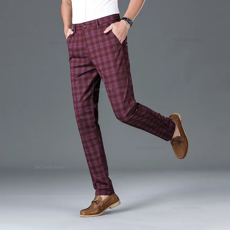 Slim‑Fit Plaid Cotton Pants