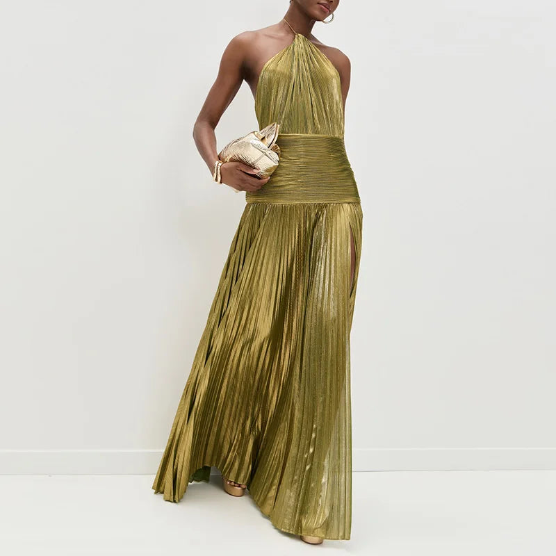 Gold Sexy Halter High Split Gowns Evening Dress Woman Chic Solid Hollow Pleated Long Dress Spring Summer Backless Zip Maxi Dress