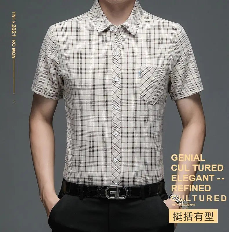 Grey Plaid Short‑Sleeve Button‑Down Shirt