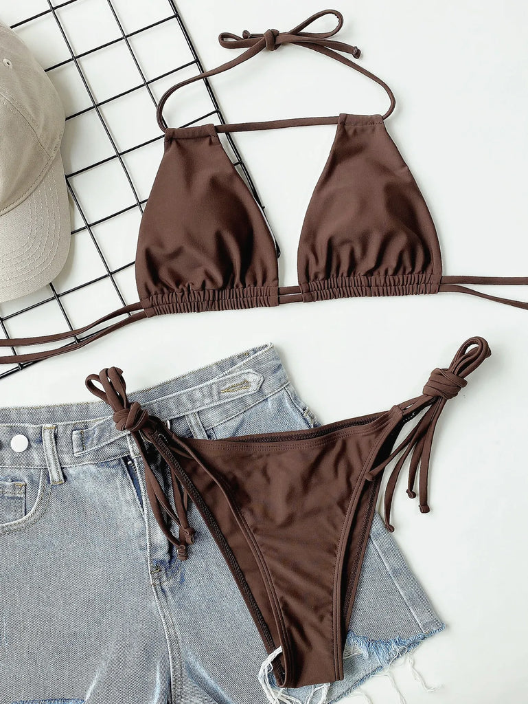2025 Sexy Solid Bandage Bikini Halter Strappy Swimwear Women Swimsuit Female Two Pieces Bikini Set Low Waist Bathing Suit Bather