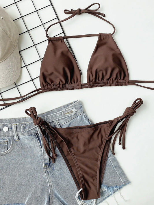 2025 Sexy Solid Bandage Bikini Halter Strappy Swimwear Women Swimsuit Female Two Pieces Bikini Set Low Waist Bathing Suit Bather