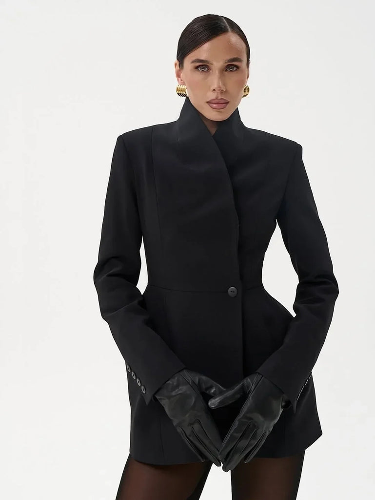Women Waist Cinching Suit Jacket Elegant V-neck Full Sleeve Single Button Shoulder Pad Slim Coat Fashion Lady Commute Outerwear