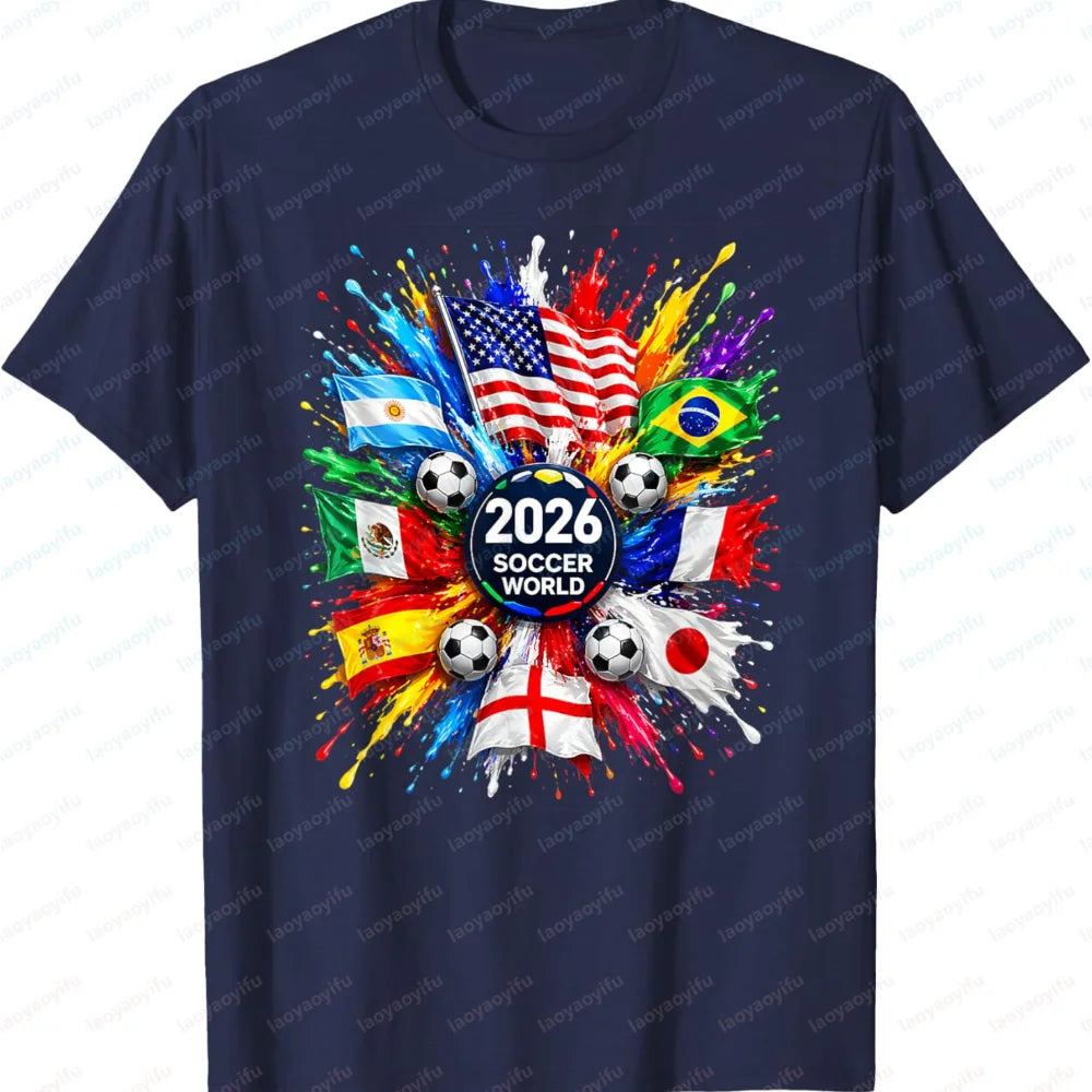 Men’s 2026 Soccer T‑Shirt — World Flag Color Splash Football Print Crew Neck Tee