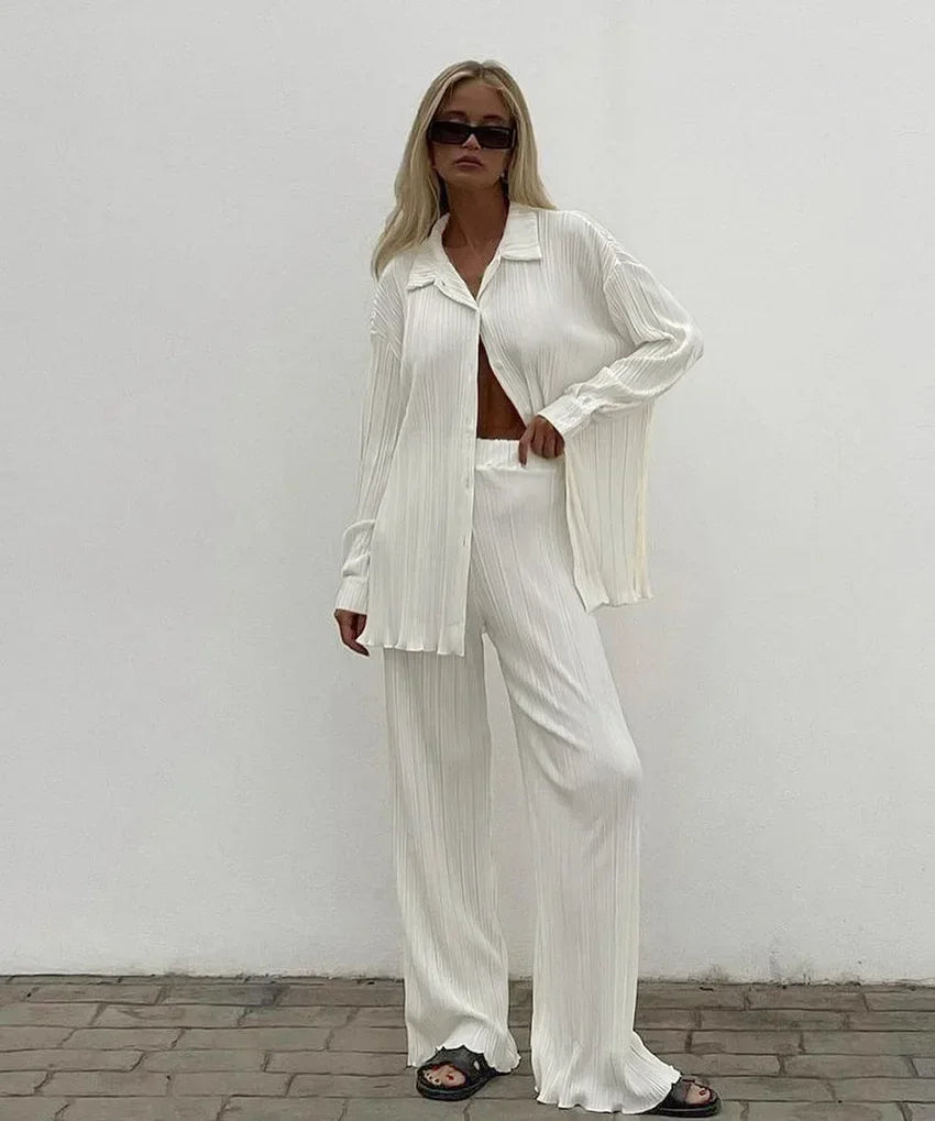 CM.YAYA Street Women's Set Long Sleeve Shirt Tops and Wide Leg Pants Elegant Tracksuit Two Piece Set Sweatsuit Fitness Outfits