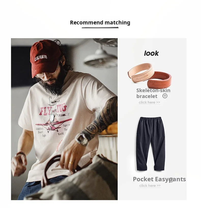 Maden Retro Tiger Print Short Sleeve T-Shirt Men's Summer Loose Apricot Round Neck Tee Embroidered Letter Fringe Casual Tops