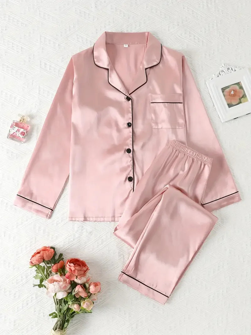 Autumn Winter Silk Pajamas Set for Women Casual Soft Breathable and Relaxed Fit Long Shirt Tops and Long Pants Sleepwear