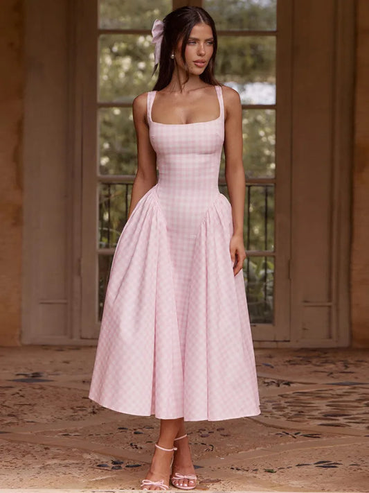 Mozision Plaid Printed Maxi Dress For Women Gown Summer New Spaghetti Strap High Waist A-line Backless Club Long Dress Vestido