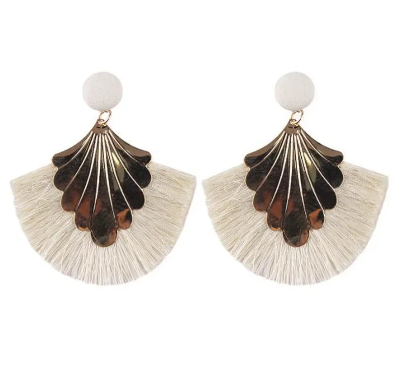 FSUNION 2025 New Bohemia Fan Shaped Tassel Earrings For Women Exaggerated Big Statement Fringed  Vintage Dangle