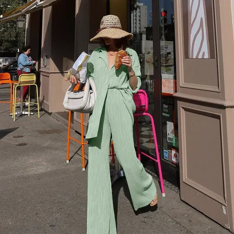 CM.YAYA Street Women's Set Long Sleeve Shirt Tops and Wide Leg Pants Elegant Tracksuit Two Piece Set Sweatsuit Fitness Outfits