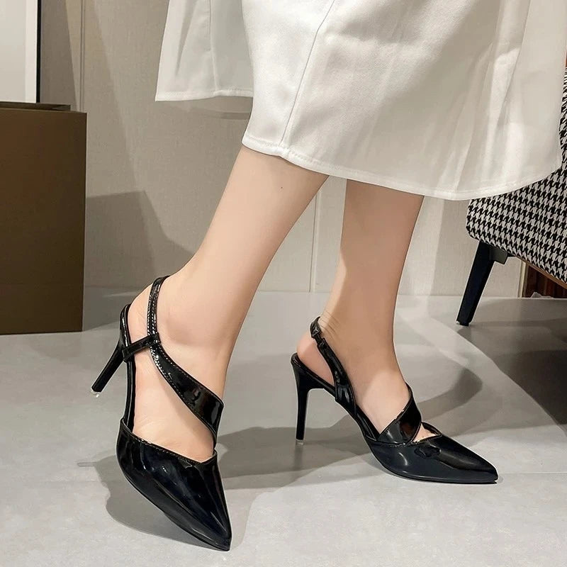 Sexy sandals, large-sized patent leather pointed-toe elegant stilettos, summer new style party and party women's shoes