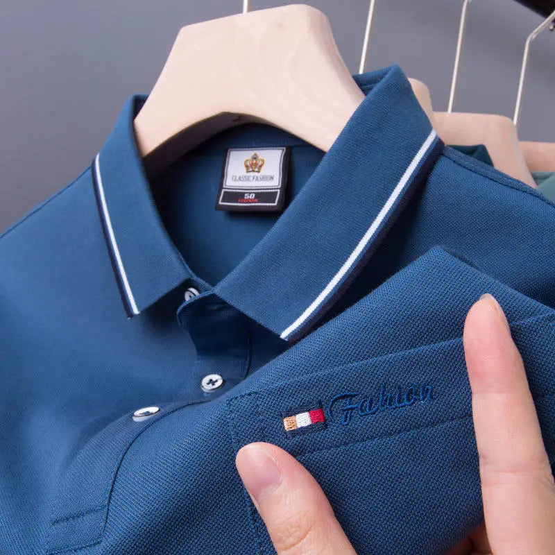 Top Grade Summer Short Sleeve Korean New Fashion Cotton Soft Pure Color Lapel Slim Fit Casual Tops Men's pocket Polo Shirts