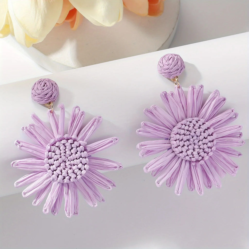 Bohemian vacation style hand-woven raffia sunflower droop earrings beach style multi-color fashion ladies special gift (1 pair)