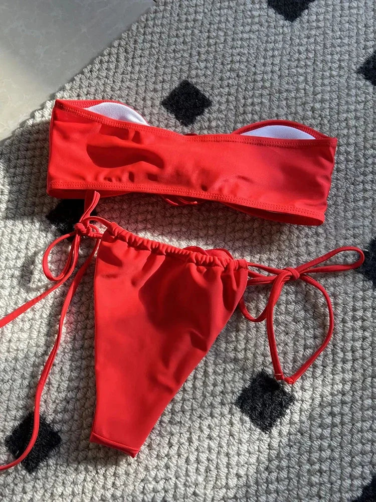 OIINAA Swimsuit Women Sexy Soild Color Bikini Set 3D Floral Swimwear Split Strapless Two-Piece Biquini Lace Up Bathing Suit 2024