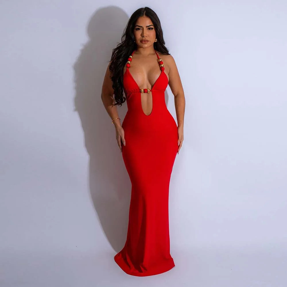 CM.YAYA Women Sleeveless Deep V-neck Halter Long Maxi Dress Summer Backless Beach Sexy Street Evening Night Club Party Dresses