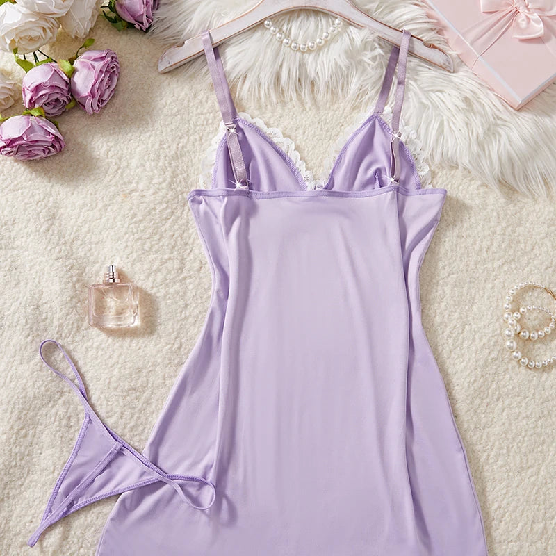 Light Purple Deep‑V Lace Bow Nightdress