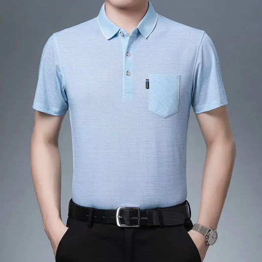 New Summer Men's Short Sleeved T-shirt Ice Silk Middle Aged Lapel Polo Shirt