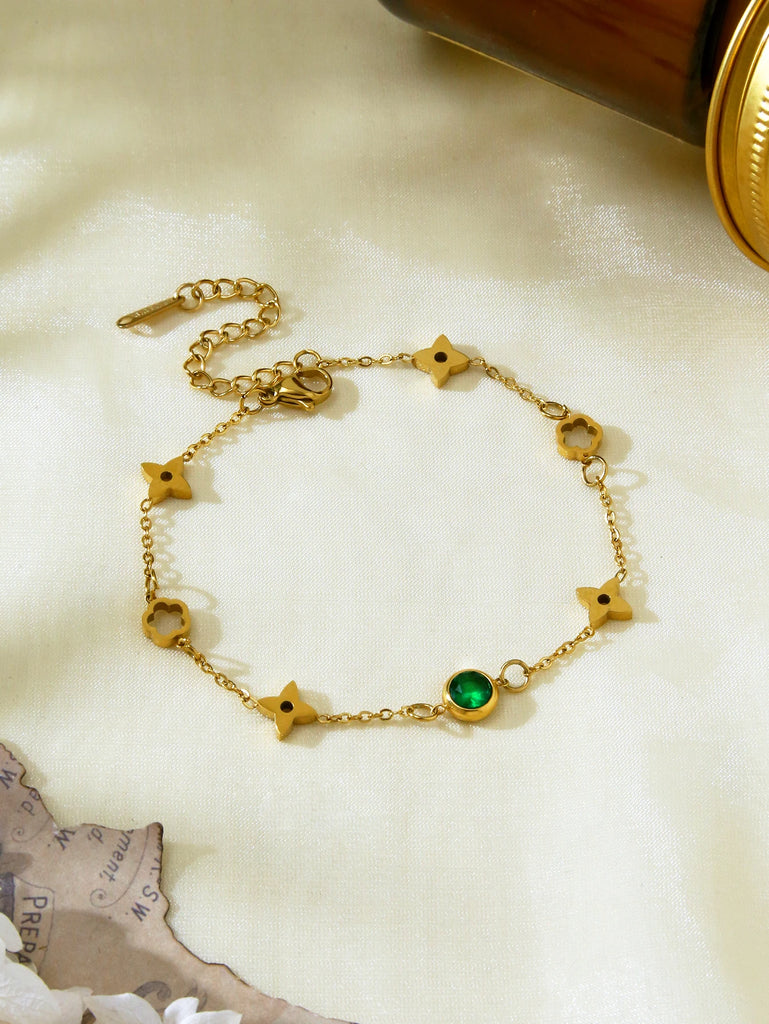 1 piece 18k gold plated fashion light luxury stainless steel lucky flower inlaid green zirconia necklace bracelet ladies jewelry