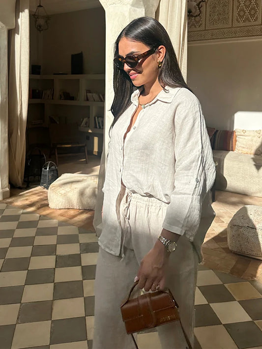 Casual Women Trousers Sets Lapel Single Breasted Long Sleeve Loose Top Wide Leg Pant Set 2025 Summer Cotton Linen Lady Suits