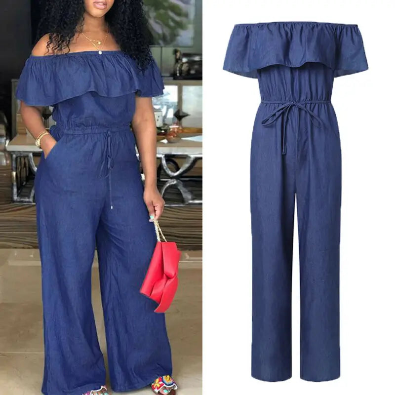 Jumpsuit Women Fashion Casual Women Solid Off Shoulder Long Romper Jumpsuit Bodysuit Overall Wide Legs Mono Completo Mujer
