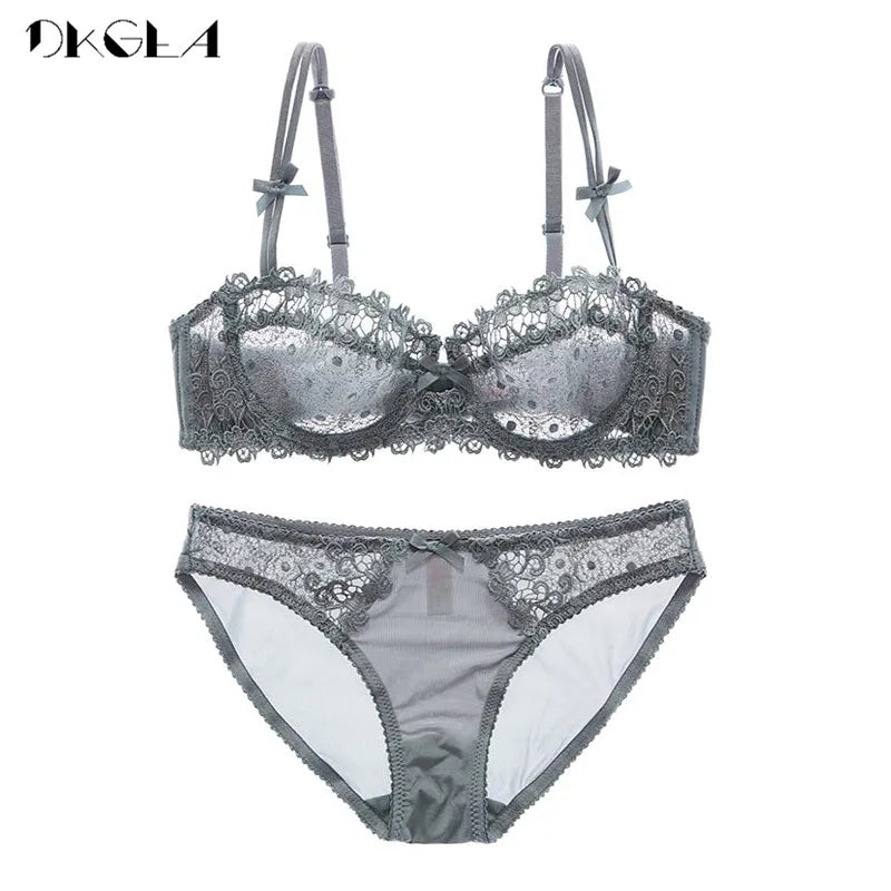 Hollow Underwear Set Lace Bras 1/2 Cup Brassiere White Transparent Sexy Bra Panties Sets Women Plus Size Lingerie Set Embroidery
