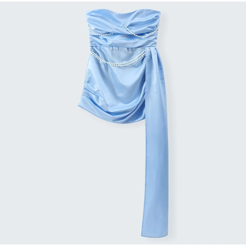 Irregular Shawl Blue Maxi Dress – Women’s 2025 Slim‑Fit Turtleneck Pleated Evening Party Dress