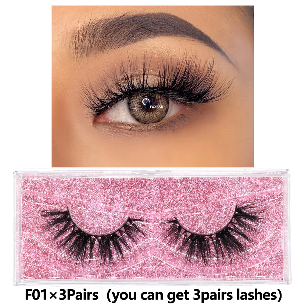 FOXESJI 3Pairs 3D Mink Lashes Fluffy Wispy Soft Corss Mink Fake Eyelashes Reusable Lash Extension Thick False Eyelashes Makeup