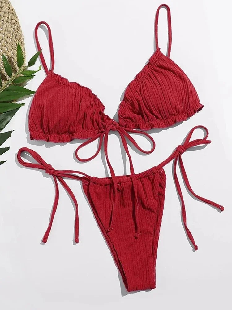 New 2025 Sexy Swimsuit Pit stripe Bikini Women Swimwear  Bathing Suits Push Up Biquinis Bandage Beachwear Solid Bikini Sets