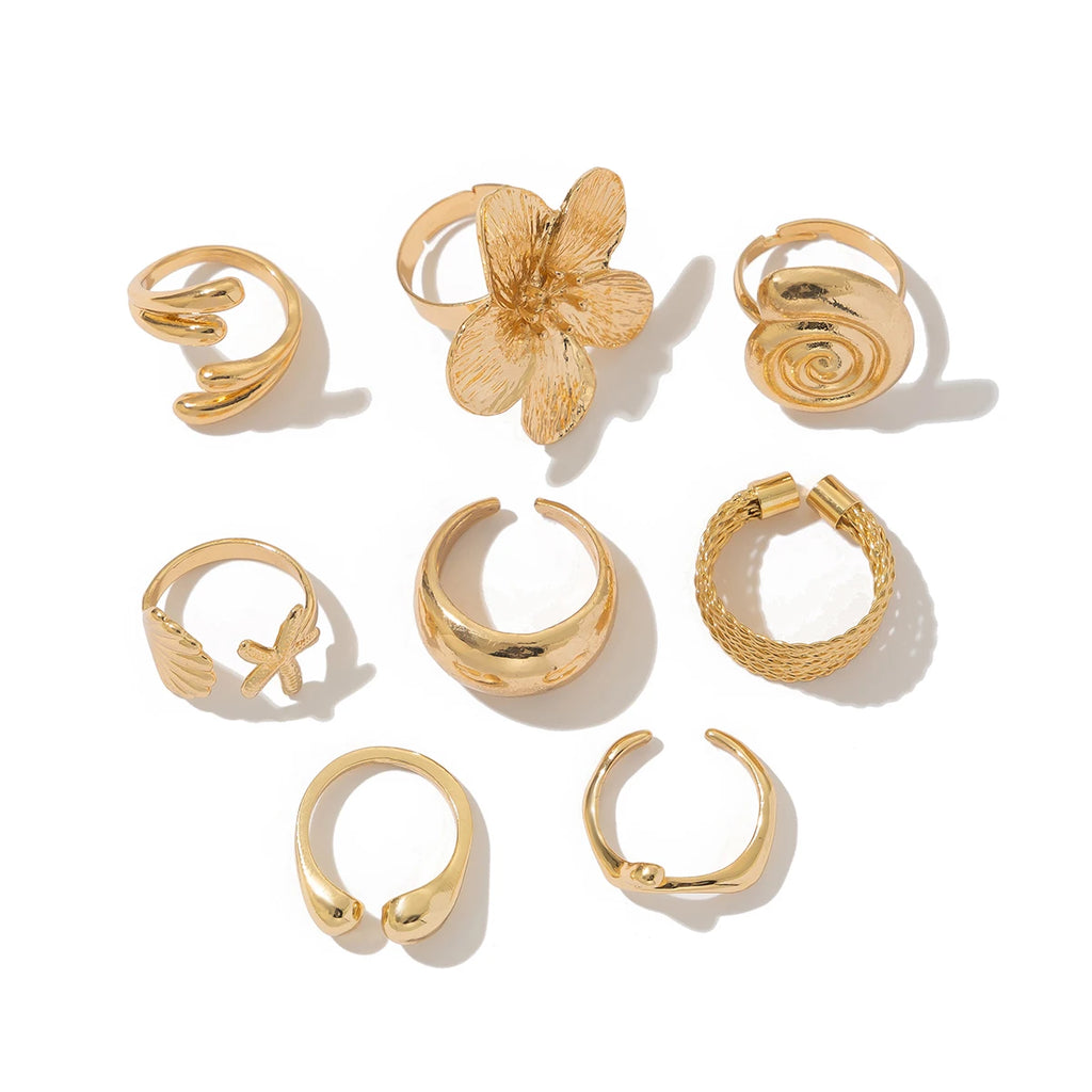 Ingemark 8Pcs/Set Vintage Metal Petal Flower Water Drop Open Rings for Women Trend 2025 Goth Geometric Ring Daily Jewelry Gift