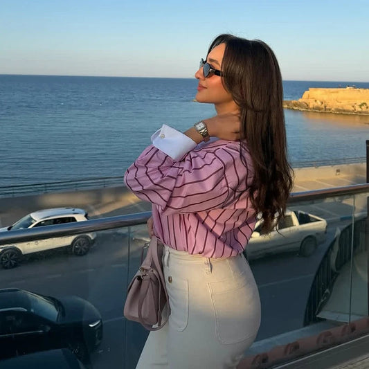 2026 Women’s Long Sleeve Collared Shirt — Striped Cuff Loose Chic Spring Summer Top