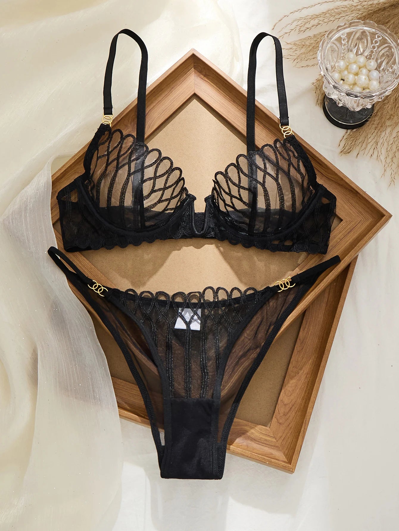 French‑Style Embroidered Transparent Lingerie Set