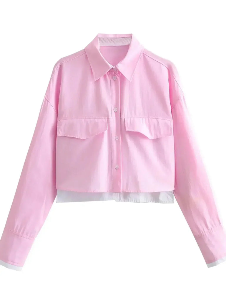 Ladies Fashion Crop Oxford Blouse Shirt Women High Street Lapel Long Sleeve Pocket Chic Office Outfits Top Shirt Blusas Female