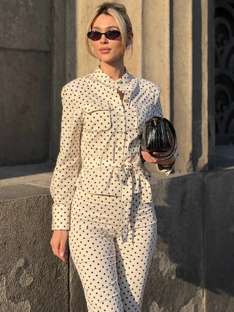 Elegant Polka‑Dot Jacket & Capri Pants Set